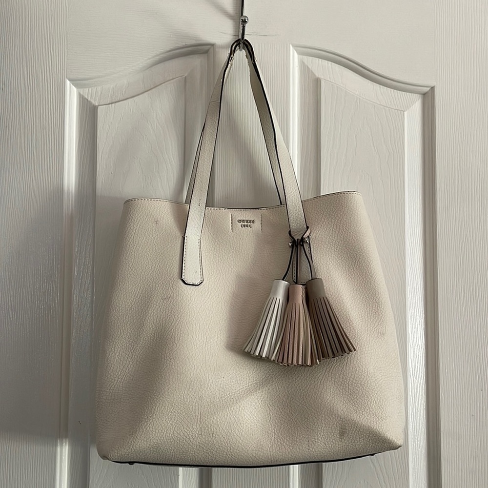Guess Winter White Vegan Tote with Tassels